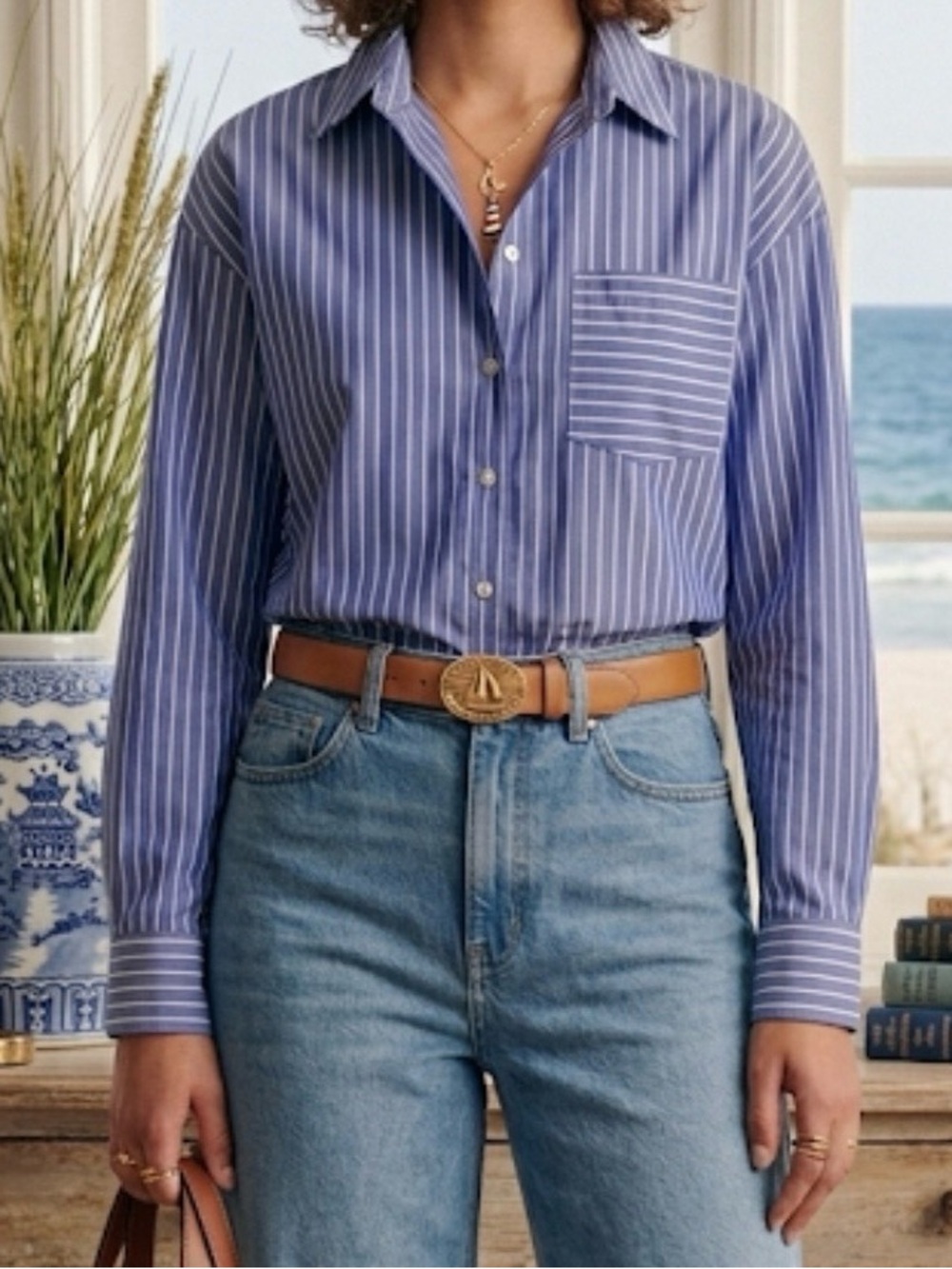 Caroline Constas Blue White Stripe Button Down Shirt Small Coastal Preppy